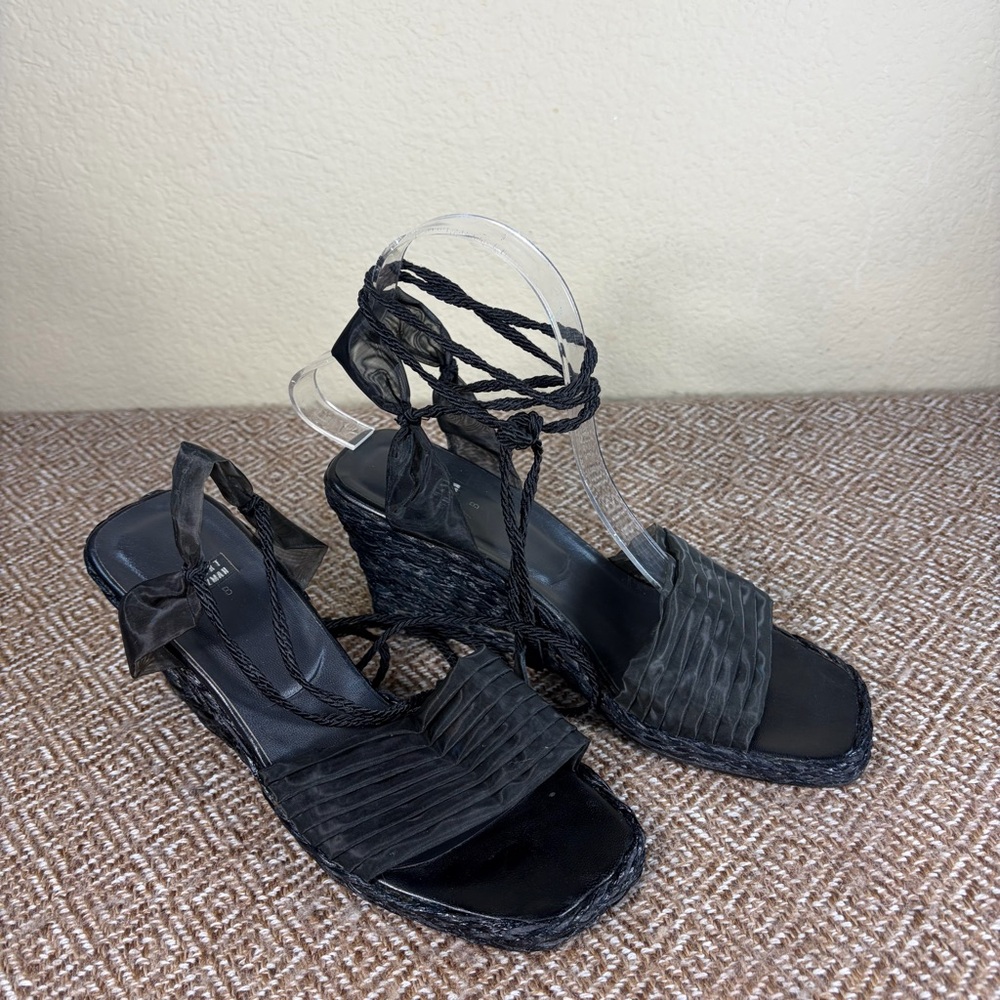 Stuart Weitzman Black Espadrille Wedge Ties Around Ankle Sandals Sz 7B Event